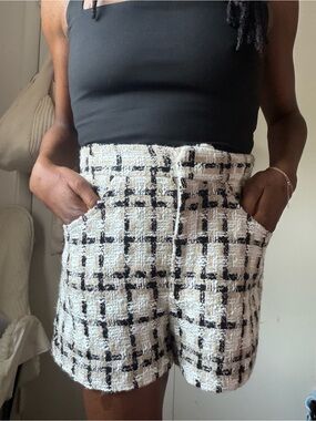 Zara Ivory and Black Tweed Shorts